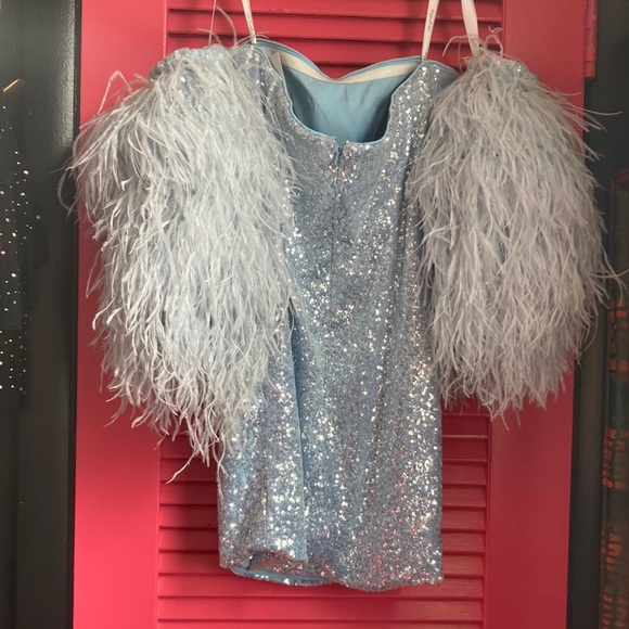 nwt ava presley size 8 couture gown feather sleeves , sequins , optional straps - Picture 9 of 17